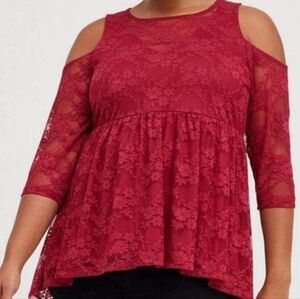 Torrid NWT Red Lace Going Out Babydoll Cold Shoulder Blouse Medium